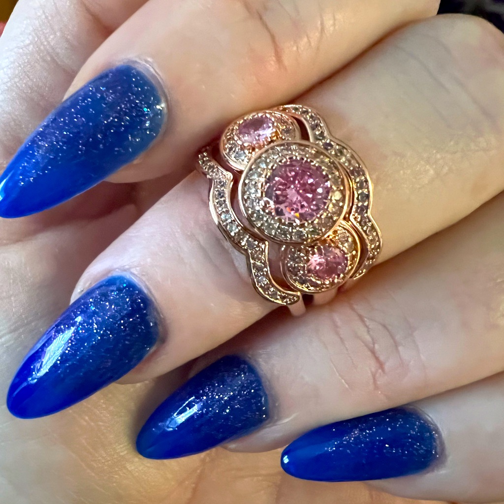 Rose Quartz Cubic Zirconia And Rose Gold Plating, Triple Band Size 10 Ring